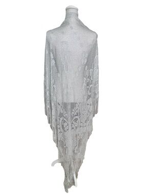Vintage 70s Sally Gee Scarf Wrap Large Silver Metallic Fringe Boho Made In Japan